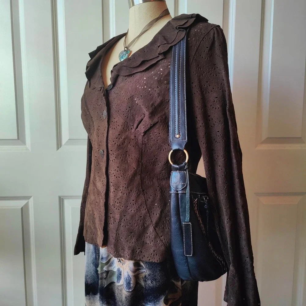 Vintage 90s Brown Suede Jacket Laser‎ Cut Bell Coldwater Creek Boho Western Sz M